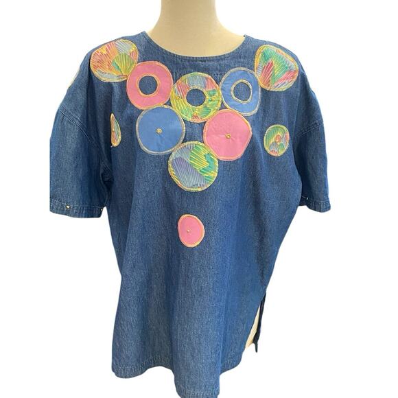 Vintage Denim Jean Circle Patchwork Embroidered Shirt Pullover Grannycore 80’s L - Picture 1 of 6